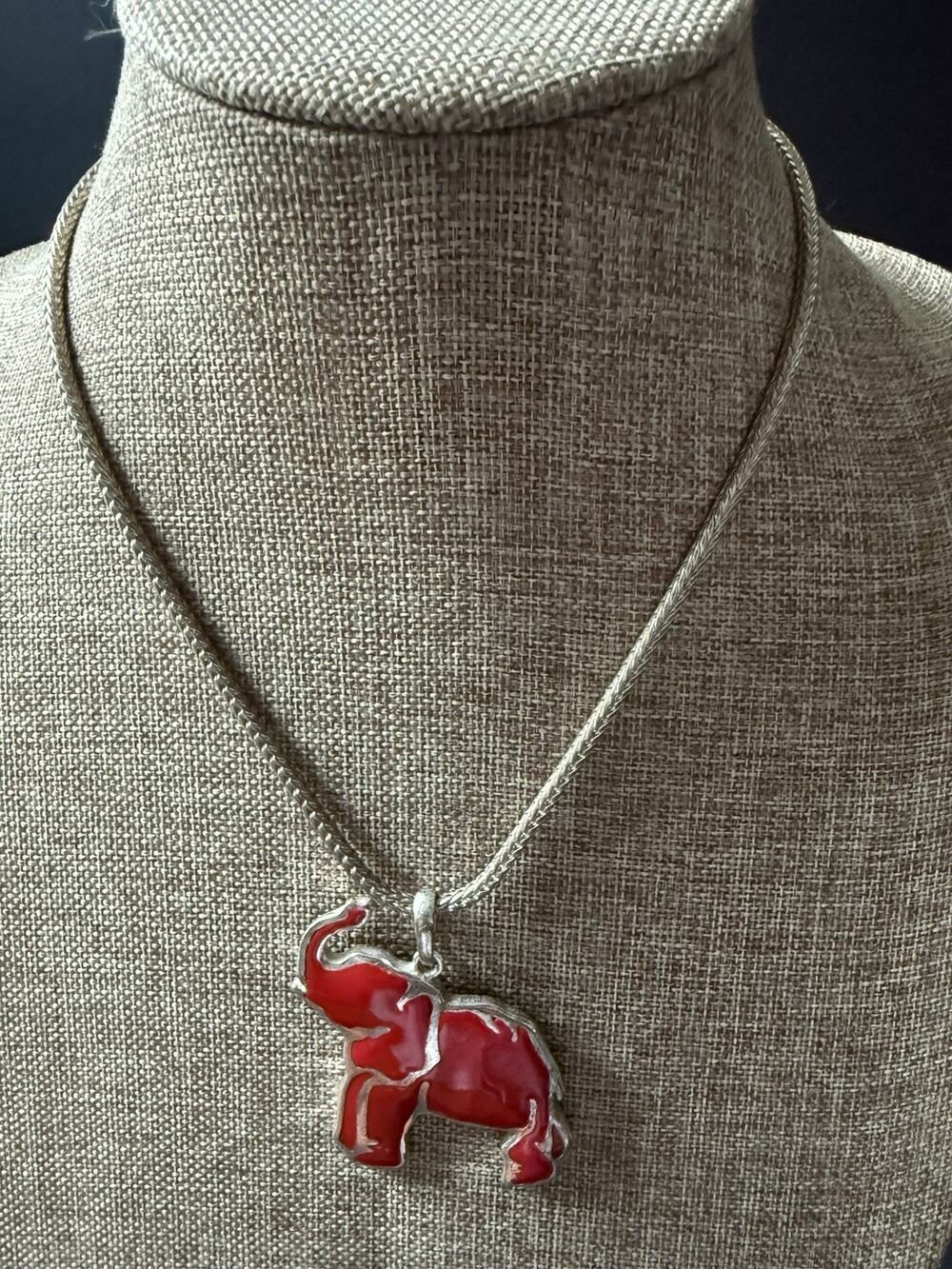 Enamel Large Elephant Necklace Red Silver Tone Chunky Trunk Up Boho Maximalist